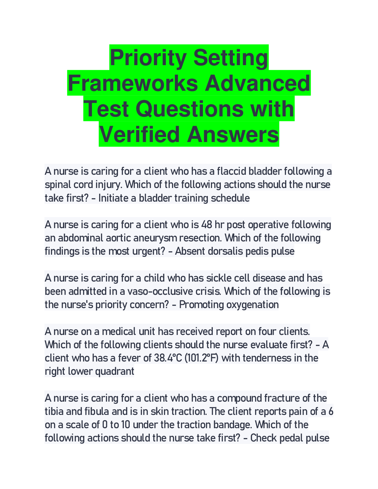 Preview of Priority Setting Frameworks Advanced Test Questions with Verified Answers